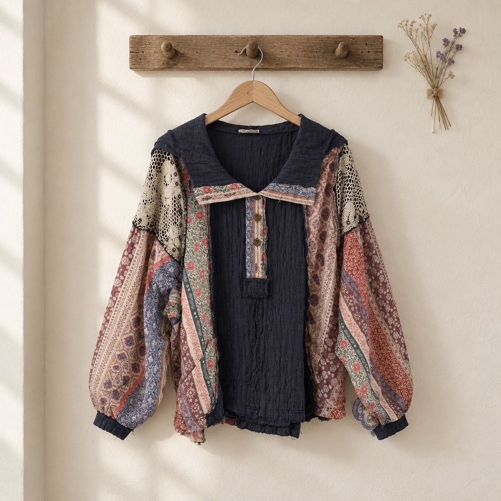 POL LG Mixed Media Patchwork Hoodie Navy Gauze Crochet Lace Studded Pullover